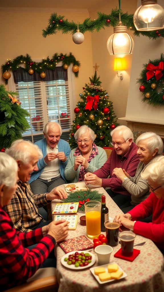 Seniors playing Christmas games in a decorated living room, filled with joy and laughter.